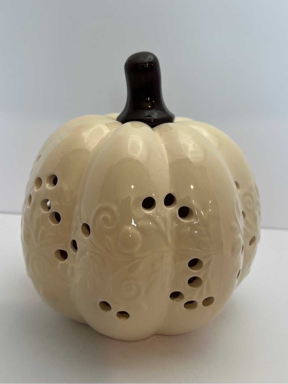 Cream Ceramic LED Light-Up Pumpkin Embossed Swirl Leaf Fall Decor